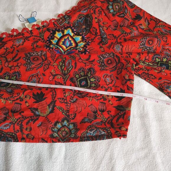 Farm Rio One Shoulder Puff Sleeve Boho Crop Top Red Paisley Floral Embroidered S - Picture 9 of 13